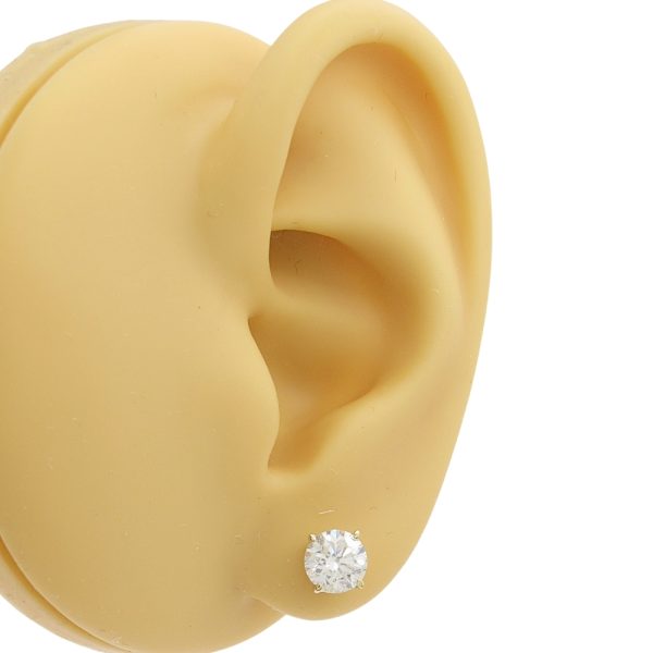 1.75 carat round diamond solitaire earrings yellow gold worn
