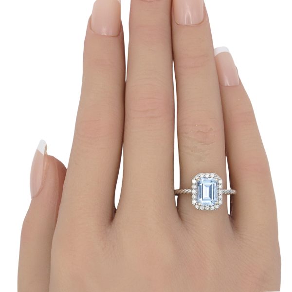 1.86ctw Aquamarine Ring with Diamond Halo in 14K White Gold worn