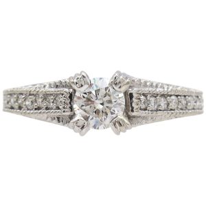 1ctw Round Diamond Milgrain Detailed Engagement Ring in 14K White Gold Front