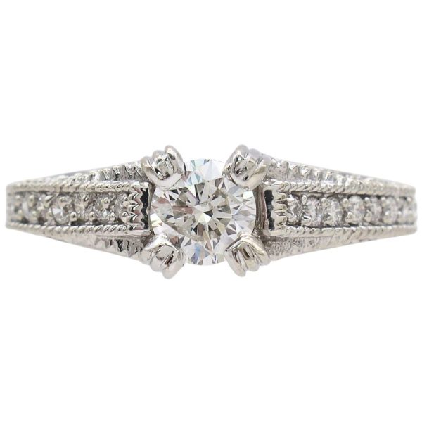 1ctw Round Diamond Milgrain Detailed Engagement Ring in 14K White Gold Front