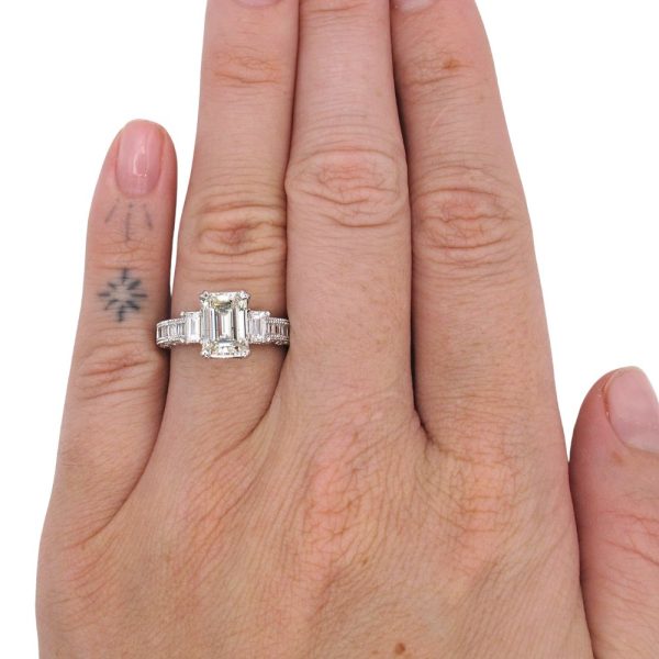 2.39ctw 3-Stone Emerald Cut Diamond Engagement Ring 14K White Gold Modeled