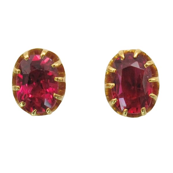 2.40ctw Antique Cushion Cut Ruby Edwardian Earrings 14K Gold