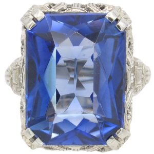 Art Deco 13.2ct Blue Spinel Ring 14K White Gold