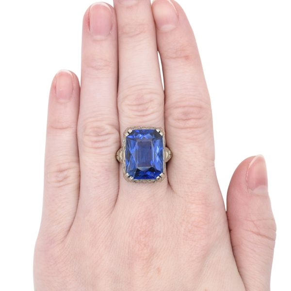 Art Deco 13.2ct Blue Spinel Ring 14K White Gold worn