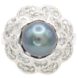 Black Cultured Pearl Domed Floral Ring 14K White Gold