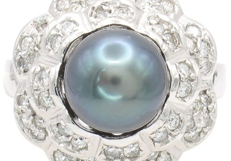 Black Cultured Pearl Domed Floral Ring 14K White Gold