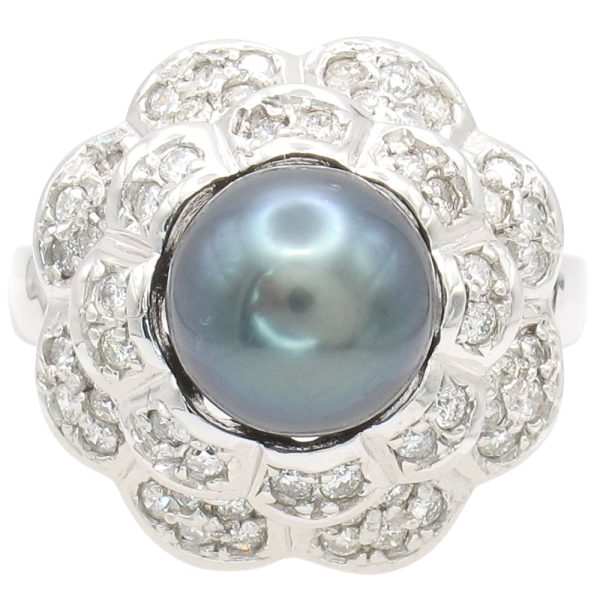 Black Cultured Pearl Domed Floral Ring 14K White Gold
