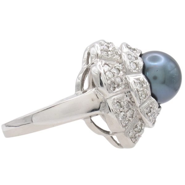 Black Cultured Pearl Domed Floral Ring 14K White Gold side