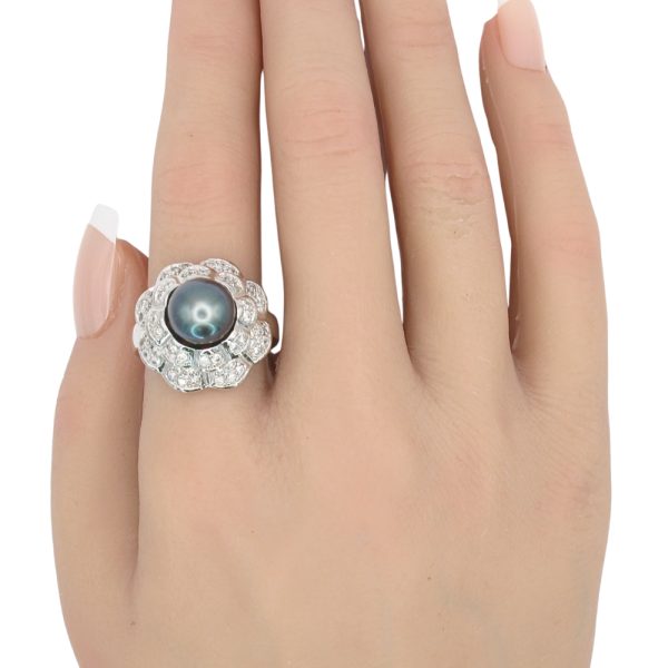 Black Cultured Pearl Domed Floral Ring 14K White Gold worn