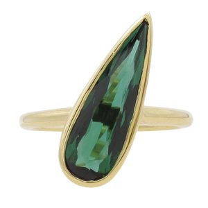 Custom 2 Carat Tourmaline Pear Gemstone Bezel Ring Yellow Gold Asymmetrical