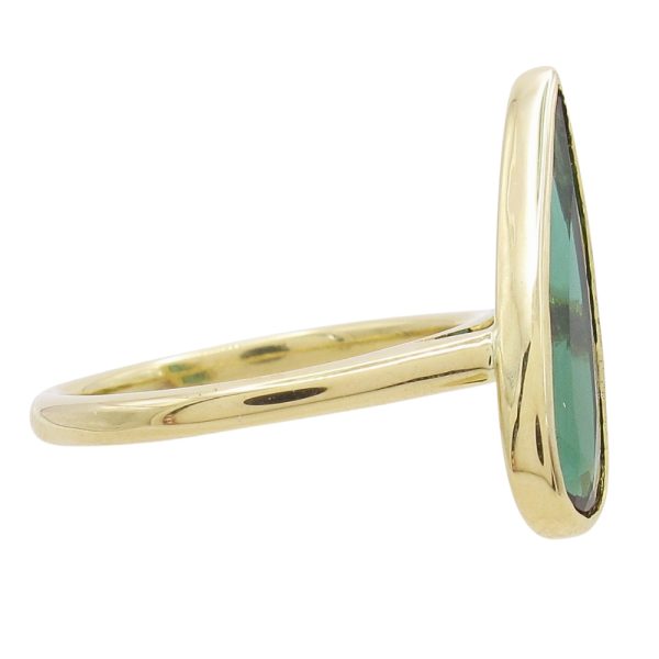 Custom 2 Carat Tourmaline Pear Gemstone Bezel Ring Yellow Gold Asymmetrical Side
