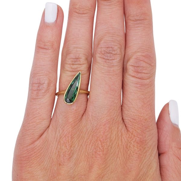 Custom 2 Carat Tourmaline Pear Gemstone Bezel Ring Yellow Gold Asymmetrical Worn