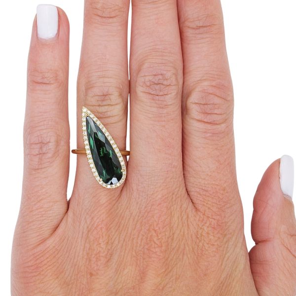 Custom 4 Carat Tourmaline Pear Gemstone Halo Ring Yellow Gold Halo Worn
