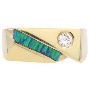 Diamond & Opal Men's Ring 14K Gold