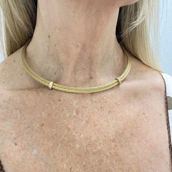 Double Cable Collar Necklace with Diamond & Sapphire Accent 14K Gold worn