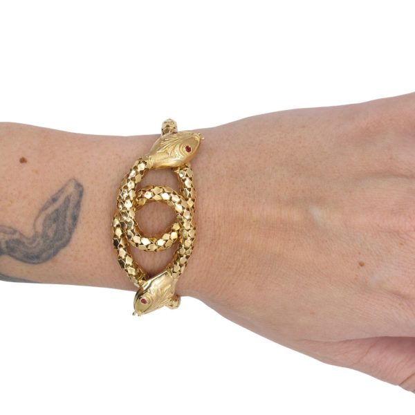 Double Snake Love Knot Victorian Revival Bracelet 18K Yellow Gold Worn