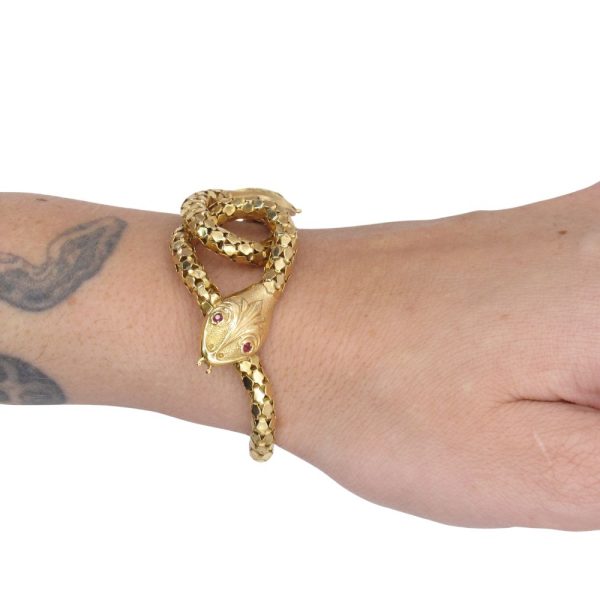 Double Snake Love Knot Victorian Revival Bracelet 18K Yellow Gold Worn Side