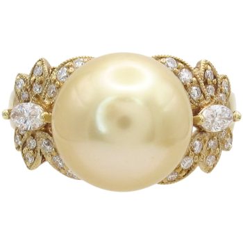 Golden Tahitian Pearl Ring with Diamond Butterfly Accents in 18K Gold
