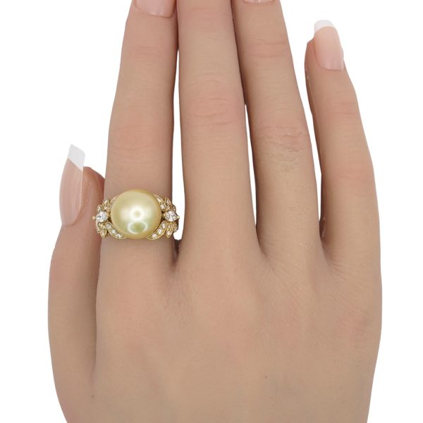 Golden Tahitian Pearl Ring with Diamond Butterfly Accents in 18K Gold worn