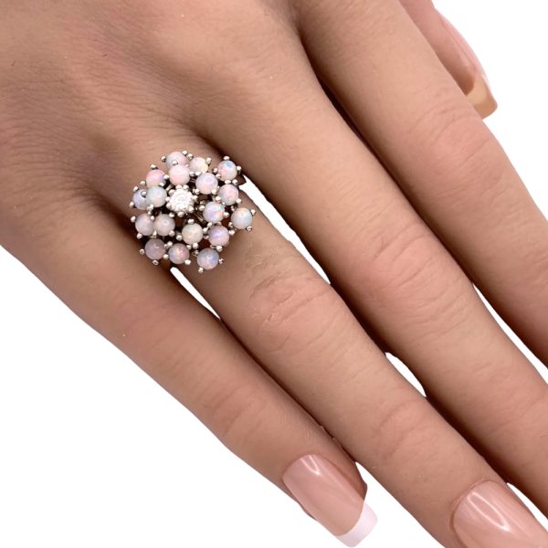 Natural Opal Cluster Ring 14K White Gold worn