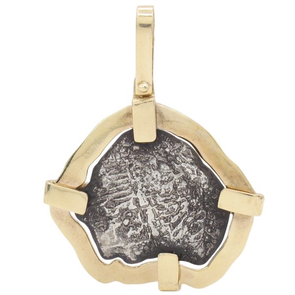 Shipwreck 2 Reales Silver Coin Pendant in 14K Gold back
