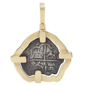 Shipwreck 2 Reales Silver Coin Pendant in 14K Gold front