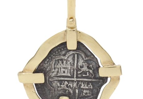 Shipwreck 2 Reales Silver Coin Pendant in 14K Gold front