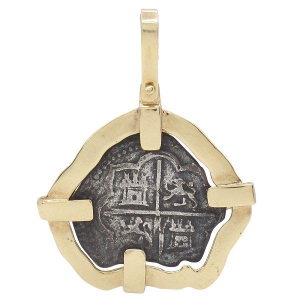Shipwreck 2 Reales Silver Coin Pendant in 14K Gold front