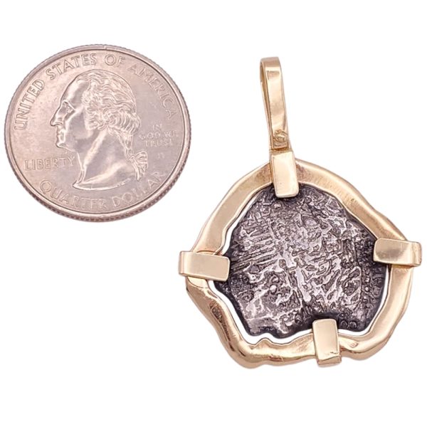 Shipwreck 2 Reales Silver Coin Pendant in 14K Gold size