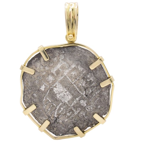Shipwreck 8 Reales Silver Coin Pendant in 14K Gold back