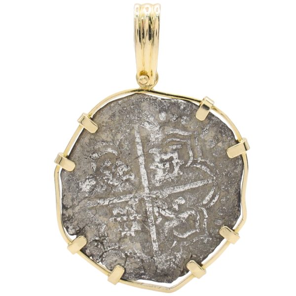 Shipwreck 8 Reales Silver Coin Pendant in 14K Gold front