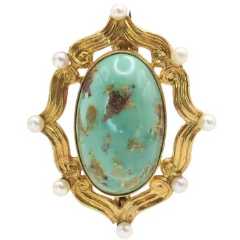 Victorian Era Turquoise Pin Brooch with Seed Pearl Accents 14K Gold