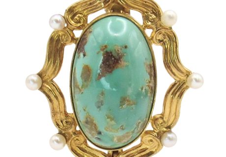 Victorian Era Turquoise Pin Brooch with Seed Pearl Accents 14K Gold