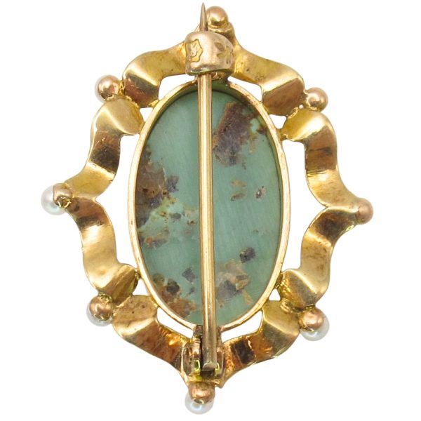 Victorian Era Turquoise Pin Brooch with Seed Pearl Accents 14K Gold pin