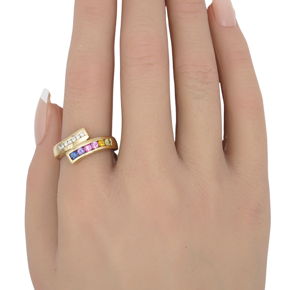 0.67ctw Rainbow Sapphire Bypass Ring 14K Gold worn 0.67ctw Rainbow Sapphire Bypass Ring 14K Gold worn
