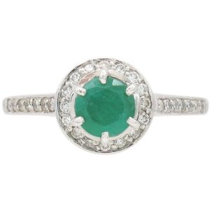 1.04ctw Natural Emerald Ring with Diamond Halo 14K White Gold