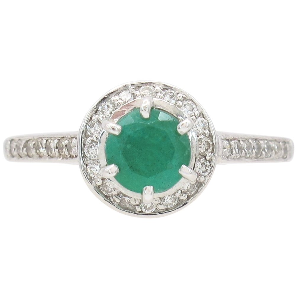 1.04ctw Natural Emerald Ring with Diamond Halo 14K White Gold
