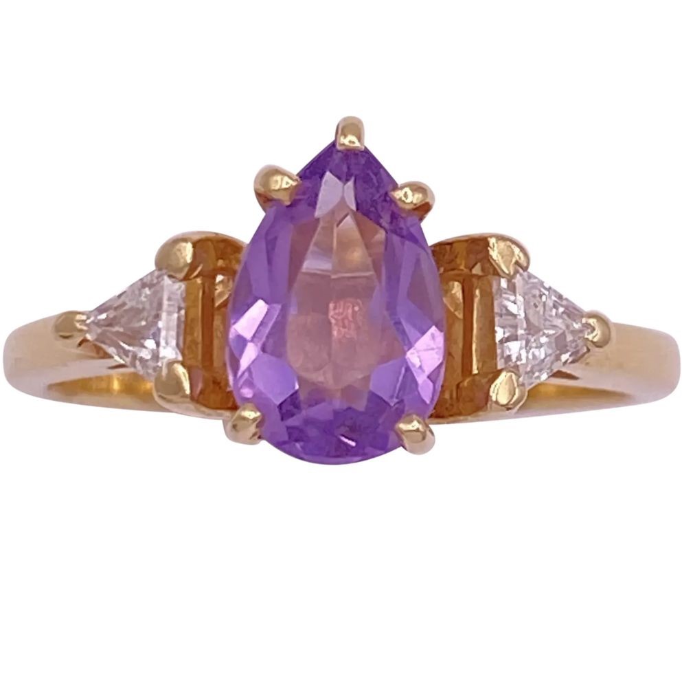 1.47ctw Three Stone Pear Amethyst & Diamond Ring 14K Yellow Gold Side 1.47ctw Three Stone Pear Amethyst & Diamond Ring 14K Yellow Gold Side