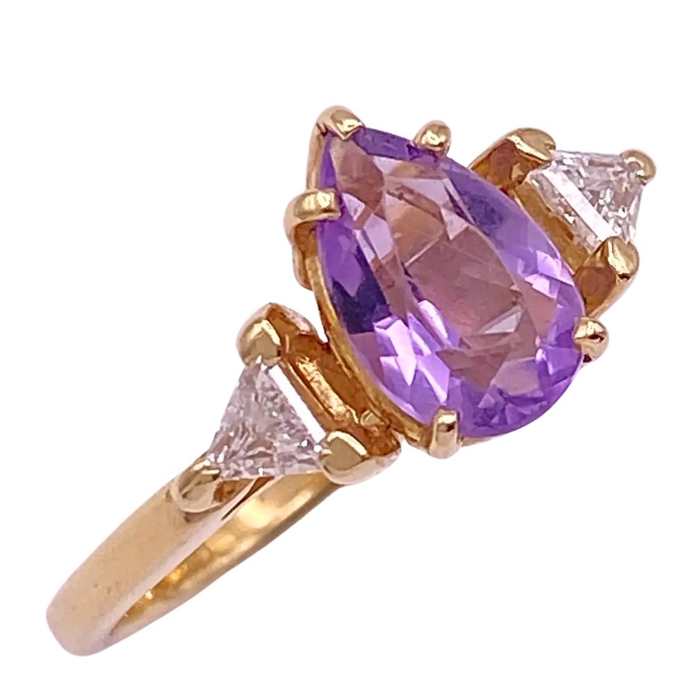 1.47ctw Three Stone Pear Amethyst & Diamond Ring 14K Yellow Gold Side 1.47ctw Three Stone Pear Amethyst & Diamond Ring 14K Yellow Gold Side