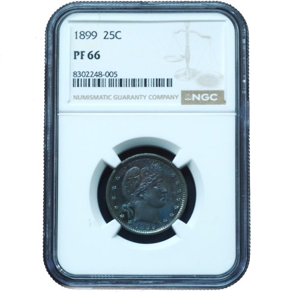 1899 Proof Barber Quarter PF66 NGC Certified Vivid Blue Toning
