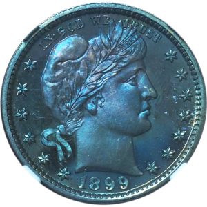 1899 Proof Barber Quarter PF66 NGC Certified Vivid Blue Toning