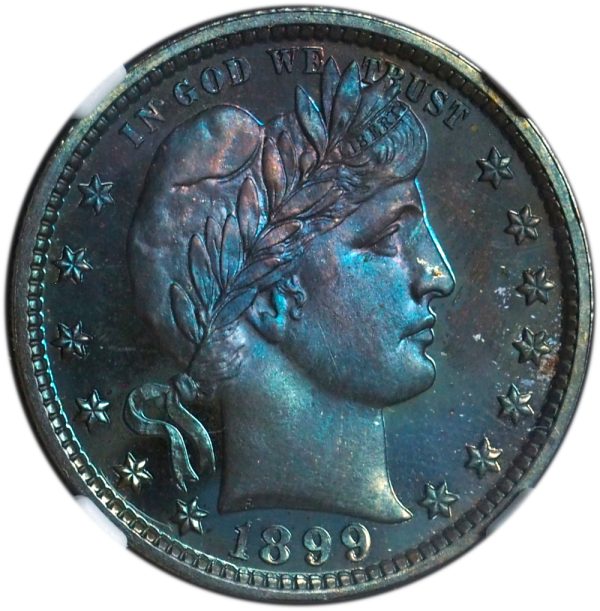 1899 Proof Barber Quarter PF66 NGC Certified Vivid Blue Toning