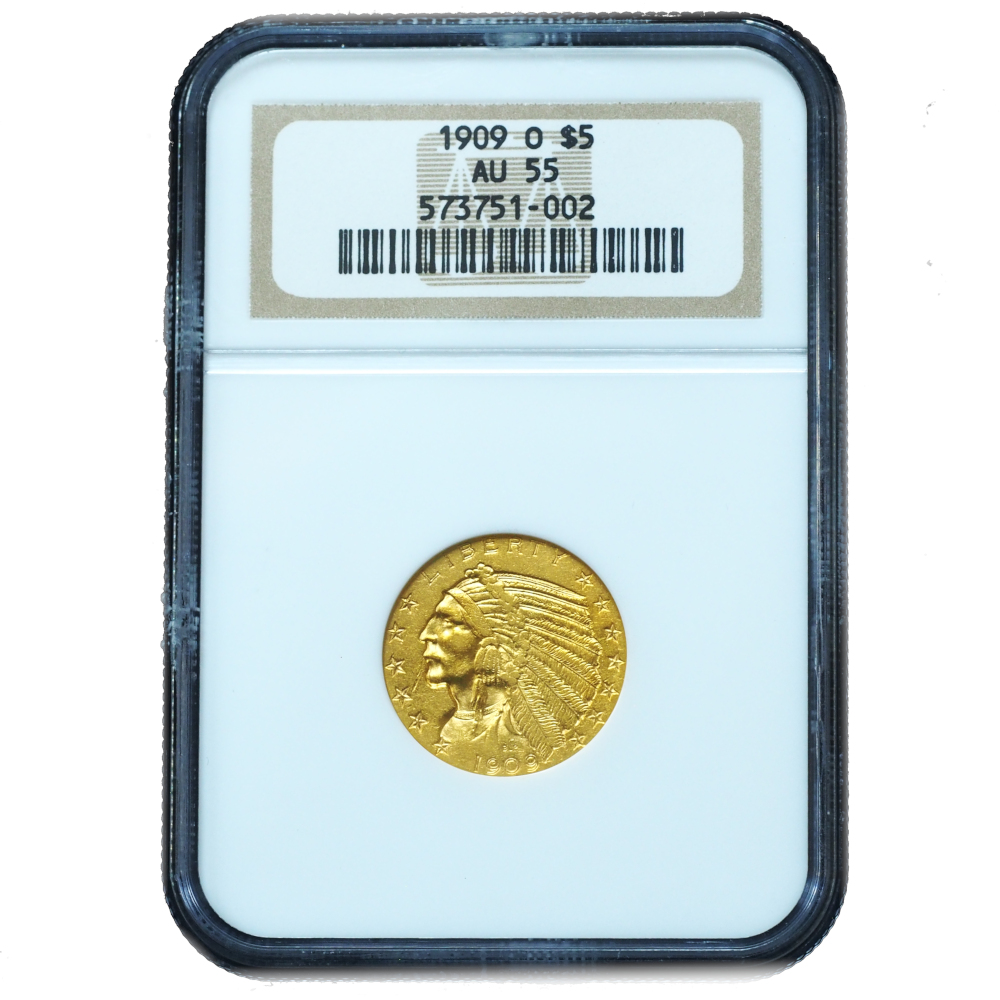 1909-O $5 Gold Indian Half Eagle AU55 NGC Certified