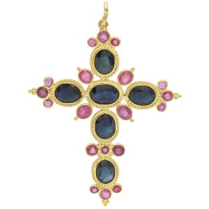 4.18ctw Sapphire Cross Pendant with Ruby Accents 18K Gold