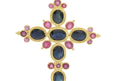 4.18ctw Sapphire Cross Pendant with Ruby Accents 18K Gold