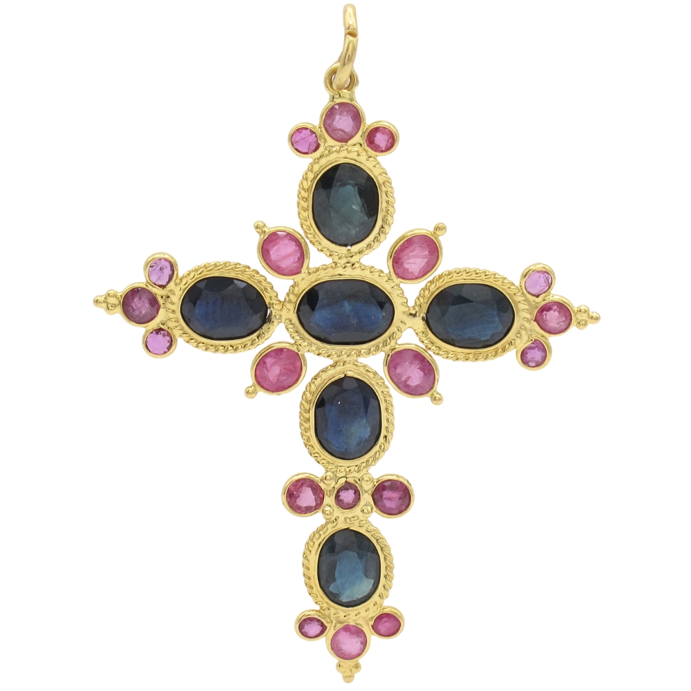 4.18ctw Sapphire Cross Pendant with Ruby Accents 18K Gold