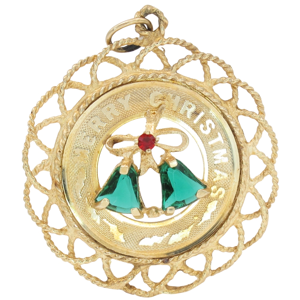 Big Jeweled Christmas Charm 14K Gold Circa 1969