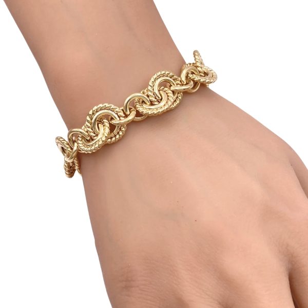 Chunky Round Link Bracelet with Rope Detail 14K Gold worn