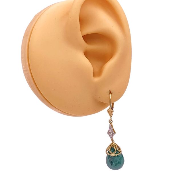 Emerald Briolette Vintage Dangle Earrings 14K (1)