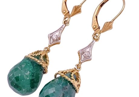 Emerald Briolette Vintage Dangle Earrings 14K (2)